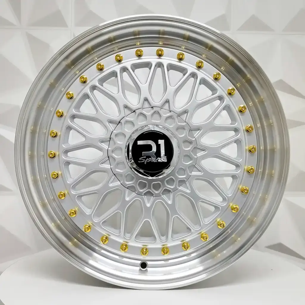 RIN 16X8.5 4-100/114.3 R1 SPORT F6625 SILVER MACHINE LIP GOLD RIVETS ET35 CB73.1